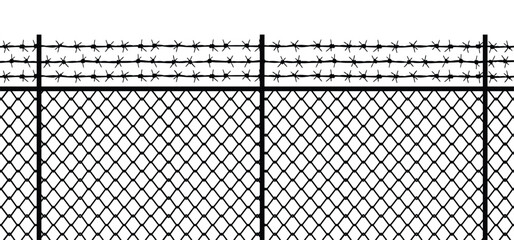 The image shows a black and white illustration of a chain-link fence topped with three rows of barbed wire.  The style is simple and graphic, lacking any contextual elements beyond the fence itself.