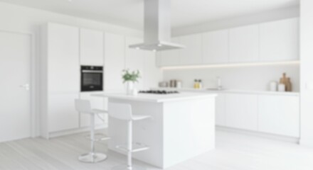 Fototapeta premium Modern White Kitchen Interior Design with Island Cabinet and Bar Stools Photo