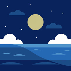 Sea ocean scenery at night with full moon and cloud  vector landscape background.