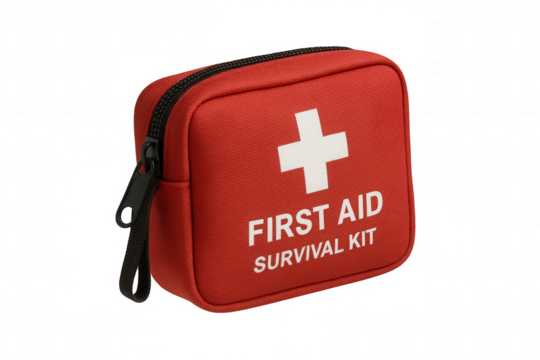Red first aid survival kit with black zipper and white text on transparent background