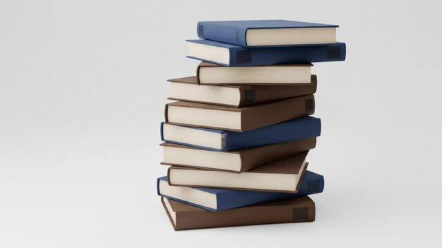A stack of books with blue and brown covers on a white background in a simple and clean arrangement