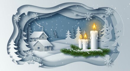 Festive Winter Scene Paper Cut Illustration With Candle Lights and Snowflakes