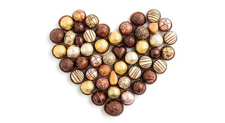 Heart-shaped arrangement of assorted chocolates in gold and brown hues