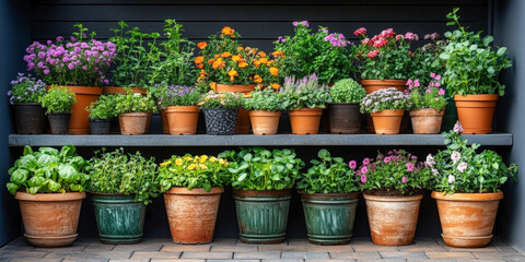 Container garden thriving with colorful flowers and healthy herbs in sunny urban setting