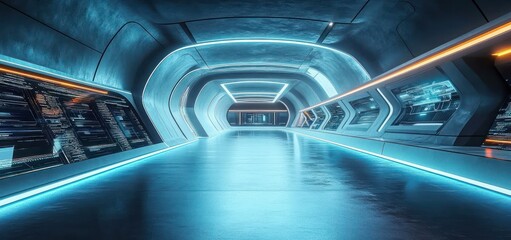 Futuristic illuminated corridor with glowing blue and orange lights and sleek digital display panels on curved walls in a high-tech environment