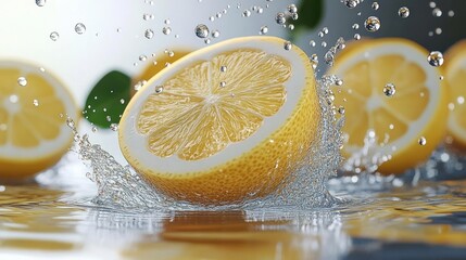 fresh lemon slices splashing into clear water with droplets in midair creating a refreshing and lively scene