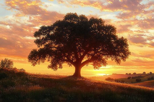 Large solitary tree on grassy hill during vibrant orange and pink sunset with scattered clouds and distant rolling hills