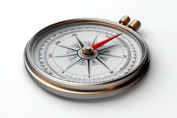 Close-up of a metallic compass with a white dial and red needle pointing northeast on a white surface
