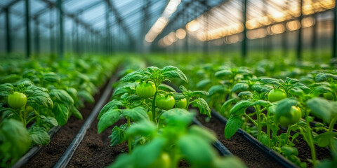 Drip irrigation setup in a greenhouse with growing plants during morning light
