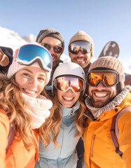 Group of Smiling People in Colorful Ski Gear Taking a Selfie Together on a Bright Sunny Day in the Snow Mountains