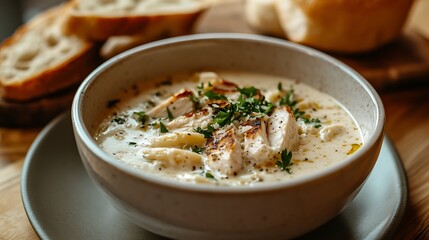 Creamy Chicken Soup with Fresh Herbs and Sliced Bread