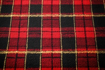Close-up of red and black tartan fabric with yellow accents and a textured woven pattern
