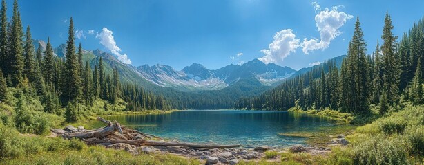 Serene mountain lake surrounded by dense evergreen forest under a bright blue sky with scattered white clouds
