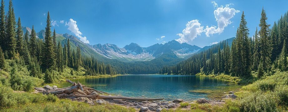 Serene mountain lake surrounded by dense evergreen forest under a bright blue sky with scattered white clouds - Powered by Adobe