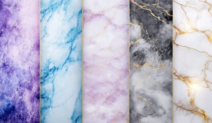 Five vertical marble slabs in vibrant hues, outlined in gold