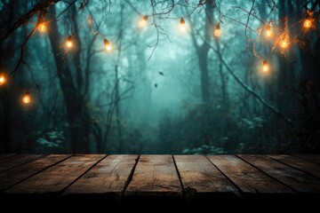 Wooden table in a misty, lit forest