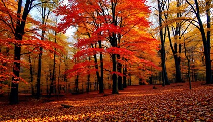 Obraz premium An autumn landscape with colorful trees and falling leaves, warm, earthy tones