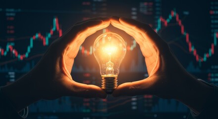 Hands Holding Lit Lightbulb Against Stock Market Graph Photo Illustration