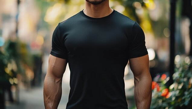 Close-up of a man's torso in a black athletic shirt