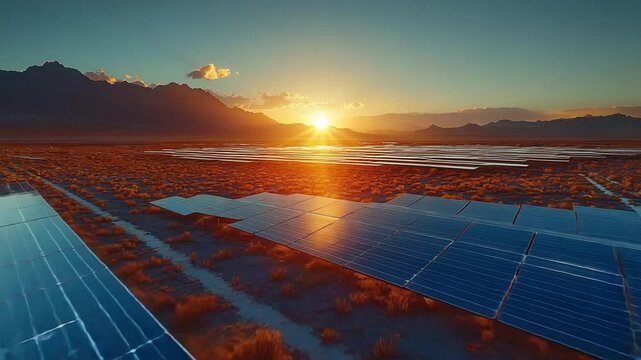 Solar panels reflecting sunset over vast landscape