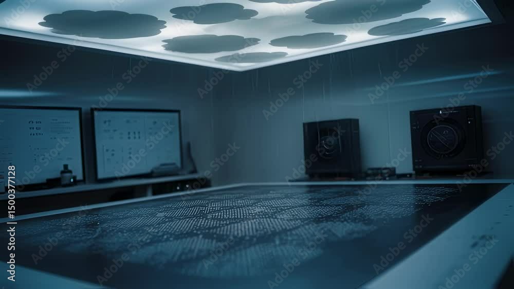 Aufkleber artificial rain falls on a large interactive digital table displaying complex data visualizations in