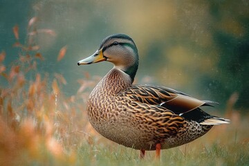 Obraz premium Close-up of a brown duck standing on grassy ground with blurred autumn foliage in the background, evoking a peaceful natural scene