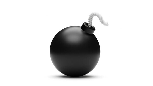 A black round bomb with a white fuse is centered on a white background with a slight shadow underneath