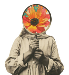 Obraz premium PNG Paper collage of magnifyer flower portrait colorful.