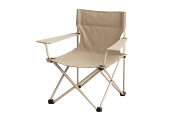 Beige folding chair with X-shaped metal base and curved armrests, isolated on transparent background