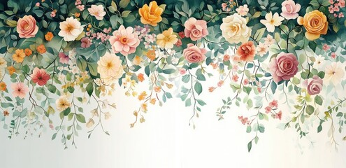 Delicate watercolor painting of varied blooming flowers and green leaves hanging gracefully from above creating a soft and elegant floral border