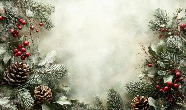 Cornice natalizia con pigne, bacche e aghi di pino innevati - Powered by Adobe
