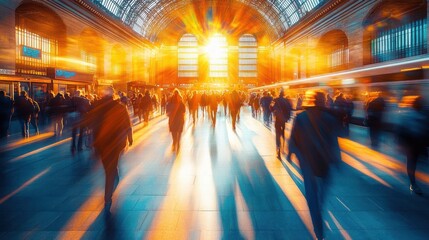 crowd of people walking inside a large indoor train station with bright sunlight streaming through large arched windows creating dramatic shadows and warm glow