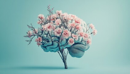 A stylized brain adorned with blossoming pink flowers, appearing as a tree against a pale teal background