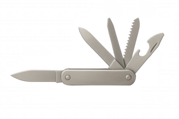 Multi-tool with knife, saw, scissors, bottle opener, and screwdriver on transparent background