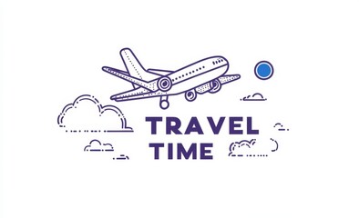 airplane flying in the sky with raw minimalist &ldquo;TRAVEL TIME&rdquo; text in purple