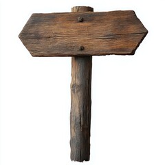 weathered wooden directional signpost with arrow shape on a post against white background