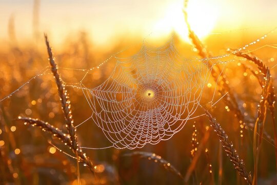 Intricate spider web covered in morning dew glistening in golden sunlight over wheat field at sunrise