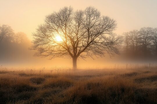 Solitary bare tree in a misty field with warm golden sunlight filtering through branches during early morning