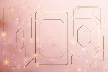 Abstract digital circuit design with geometric shapes and glowing golden nodes on a soft pink background creating a futuristic and elegant atmosphere