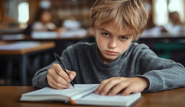 Focused young boy writing in notebook at school desk with serious expression, blurred classroom background