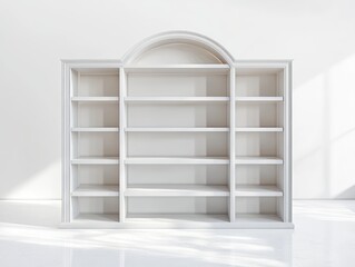 Empty white wooden bookshelf with multiple shelves and decorative molding standing against a white wall in bright natural light