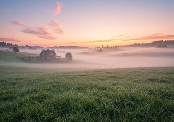 Obraz premium Photo Misty Sunrise Over Lush Green Field and Rolling Hills Landscape