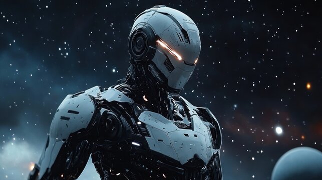 Futuristic humanoid robot with illuminated visor standing against a starry outer space background evoking a sense of advanced technology and mystery