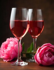 trending close up shot of rose wine glasses with peony flowers ideal for best selling stock photo and luxury wine photography.