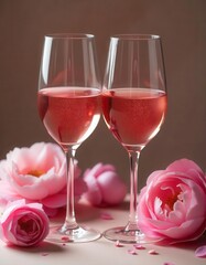 trending close up shot of rose wine glasses with peony flowers ideal for best selling stock photo and luxury wine photography.