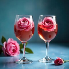 trending close up shot of rose wine glasses with peony flowers ideal for best selling stock photo and luxury wine photography.