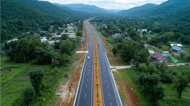Road construction project rural area aerial view scenic landscape infrastructure development
