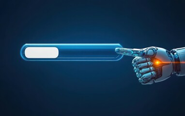 Futuristic robotic hand pressing a digital glowing loading bar in blue and orange tones on a dark background, symbolizing technology and progress
