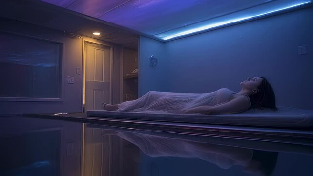 Relaxed woman enjoys floating effortlessly in a dark sensory deprivation isolation tank, experiencing deep relaxation and tranquility as the ambient lights gently shift and change color