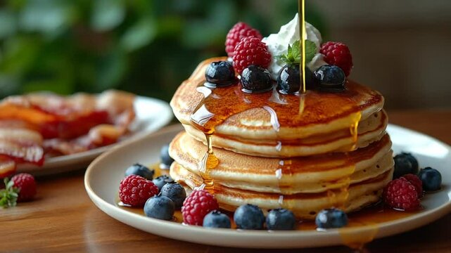 Stack of pancakes with syrup and berries on table